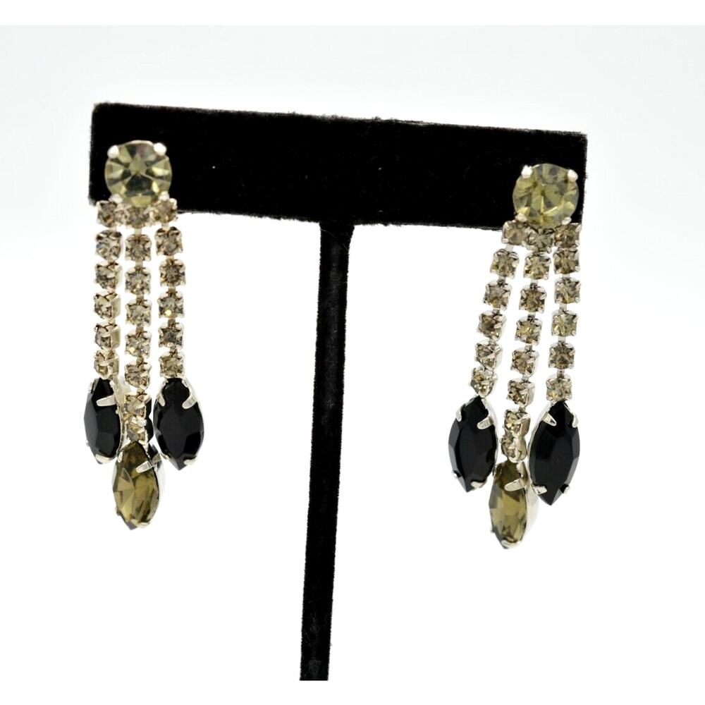Vintage Crystal Tassel Earrings Rhinestone Drop Black Marquise Silver 1980s BinU